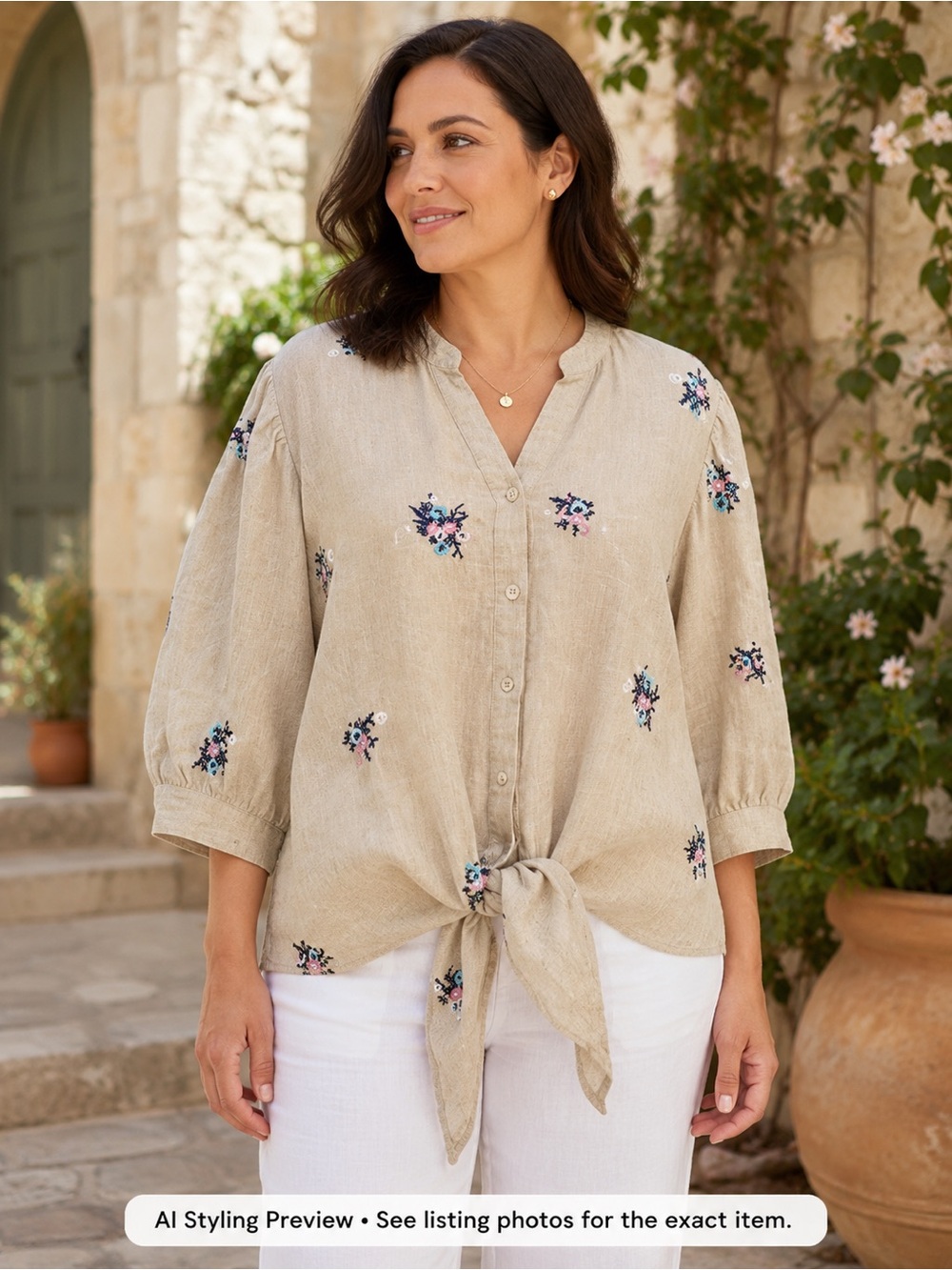 Charter Club 100% Linen Floral Embroidered Tie Front Boho Cottage Blouse L